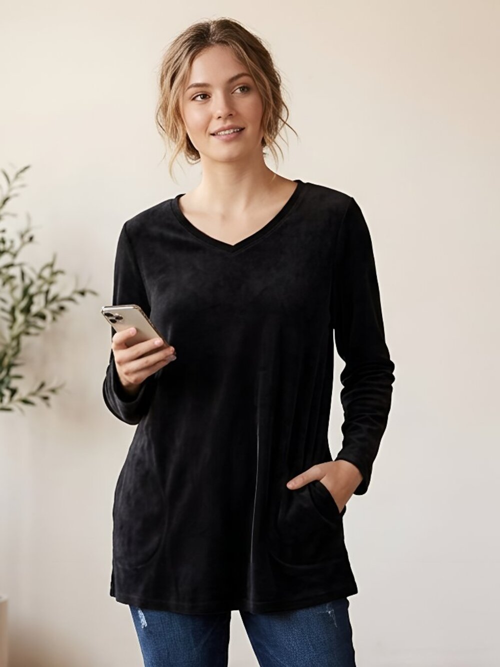 J. Jill Womens Black Velour Top Size S Swing Tunic Pockets Athleisure Cozy